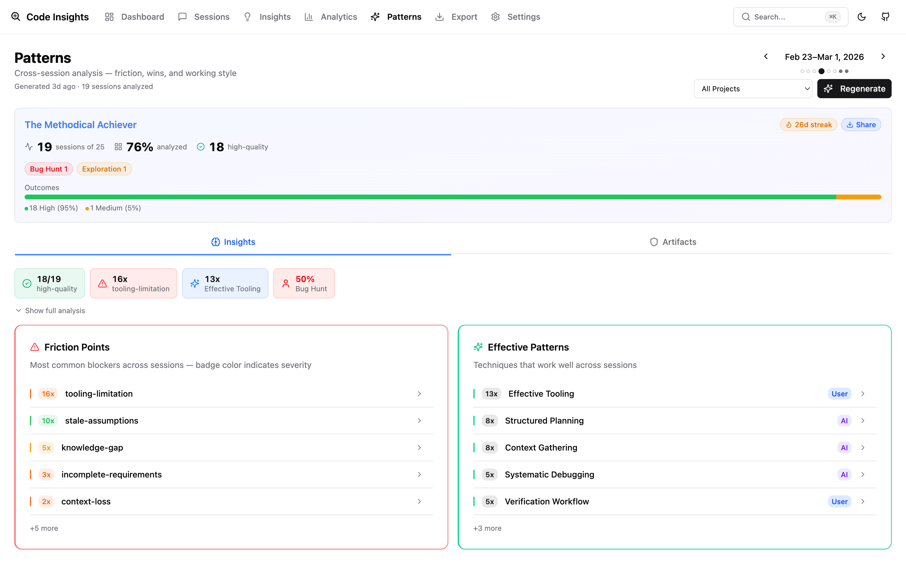 Patterns page — friction points, effective patterns, and working style