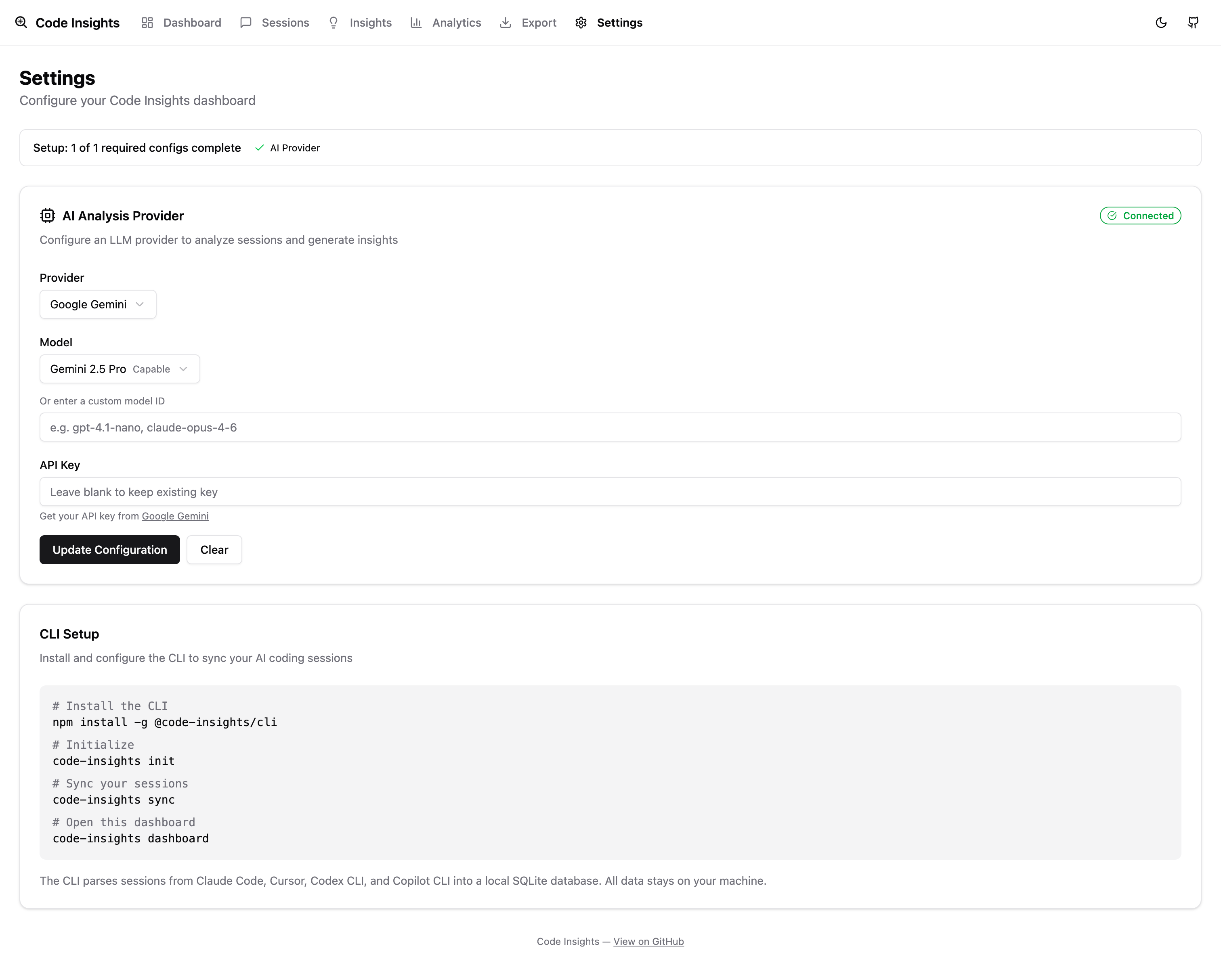 Settings — LLM provider configuration